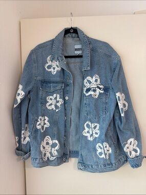 Ragged Denim Jean Jacket with White Floral Print - Light Blue
